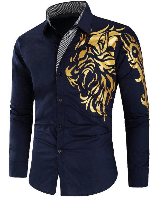 Camisa Manga Larga Hombre Estampado Dragon Dorado Azul Oscuro