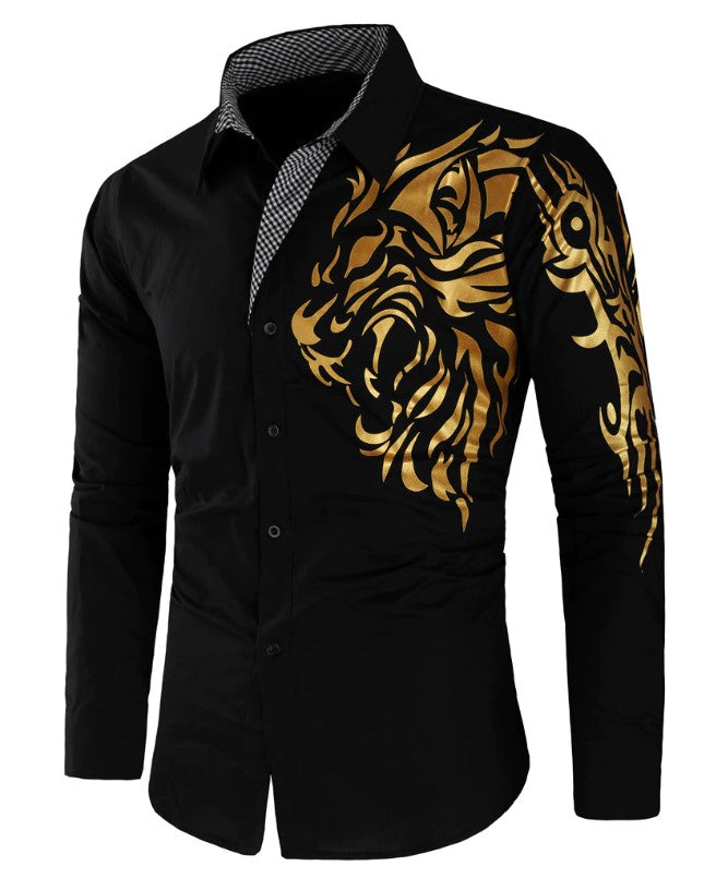 Camisa Manga Larga Hombre Estampado Dragon Dorado Negro