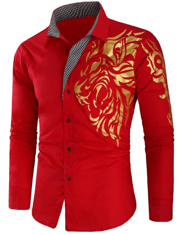 Camisa Manga Larga Hombre Estampado Dragon Dorado Rojo