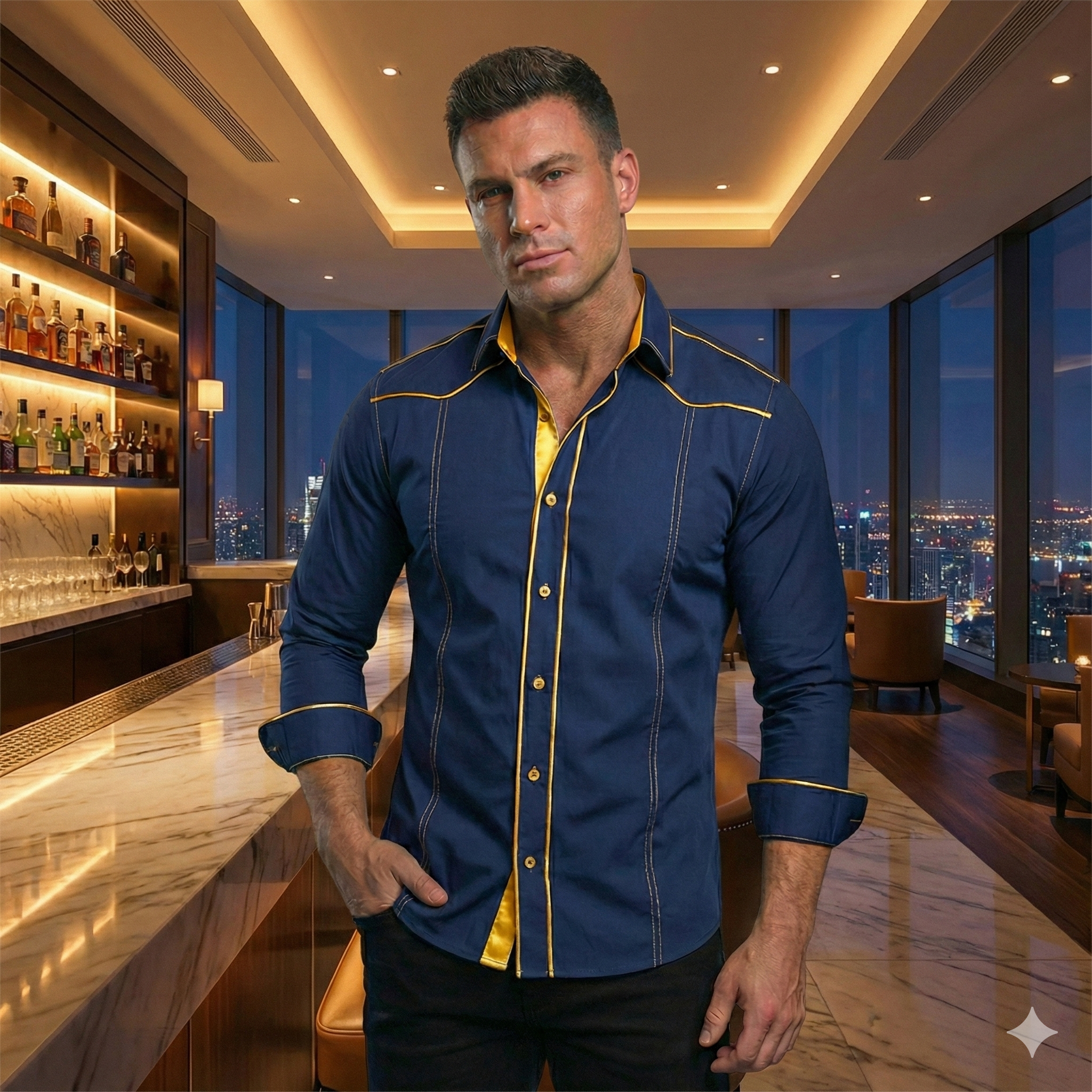 Camisa Manga Larga Hombre Moderna Elegante Canizu Azul Oscuro