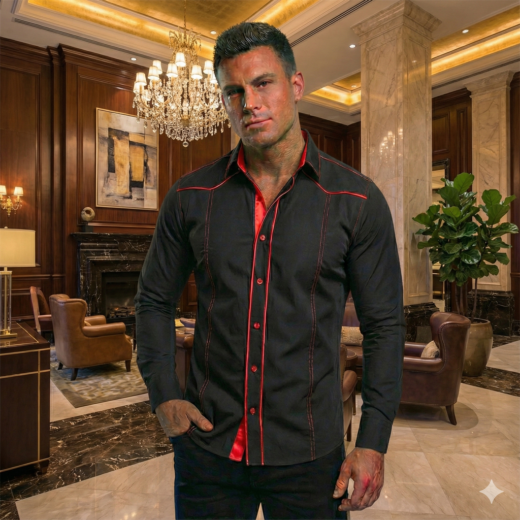 Camisa Manga Larga Hombre Moderna Elegante Canizu Negro Rojo