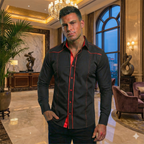 Camisa Manga Larga Hombre Moderna Elegante Canizu Negro Rojo