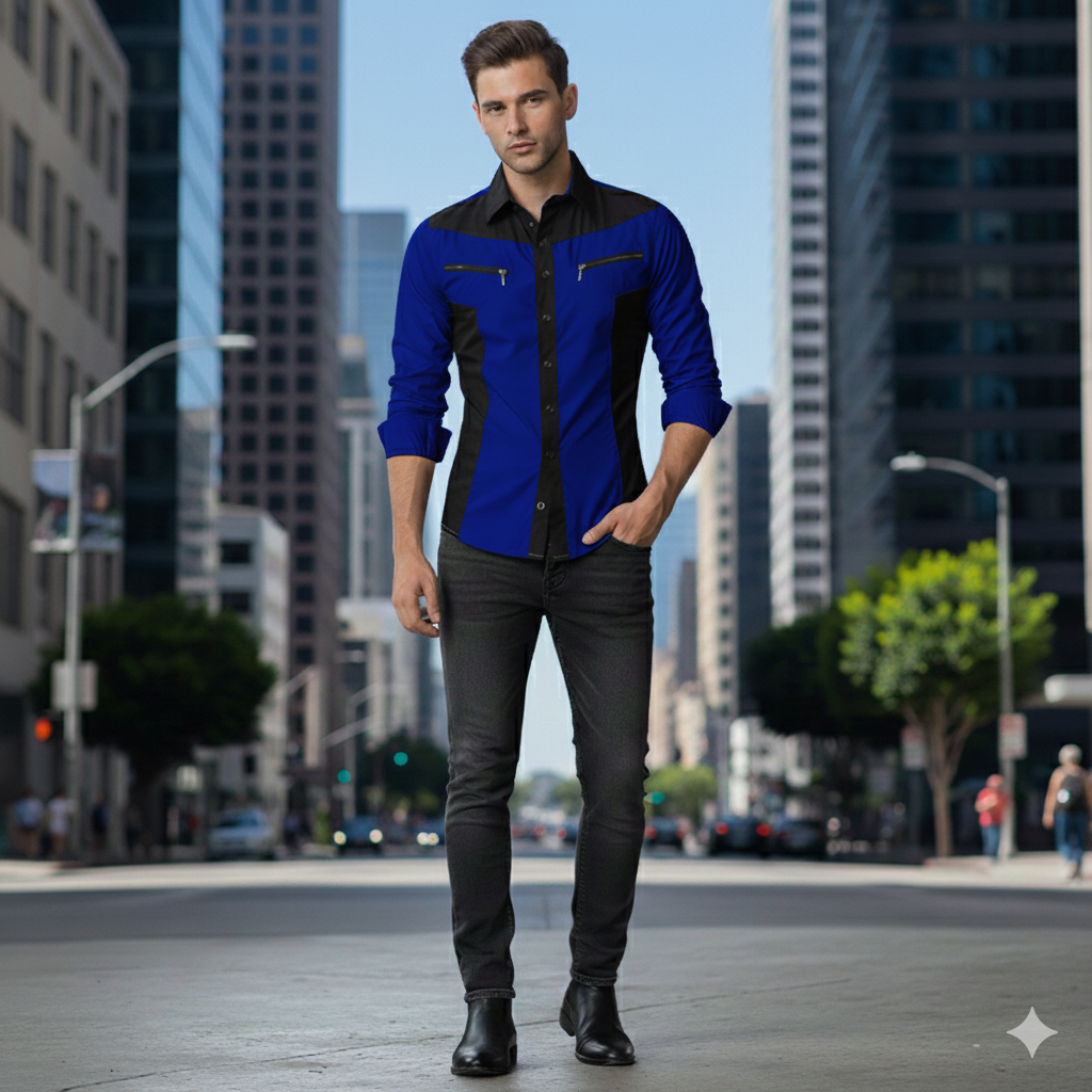 Camisa Manga Larga De Lujo Cremallera Azul