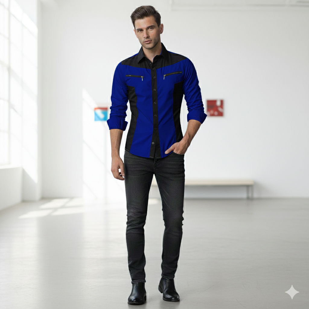 Camisa Manga Larga De Lujo Cremallera Azul