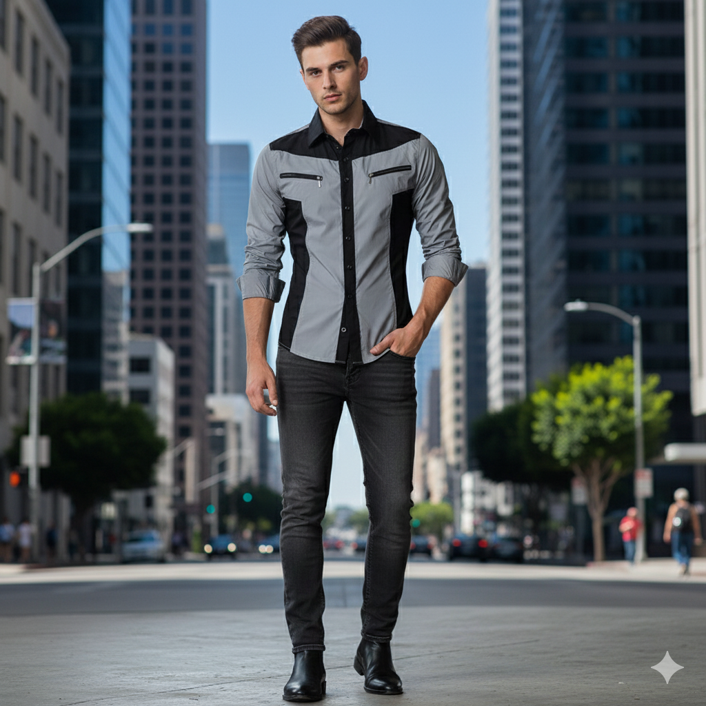 Camisa Manga Larga De Lujo Cremallera Gris