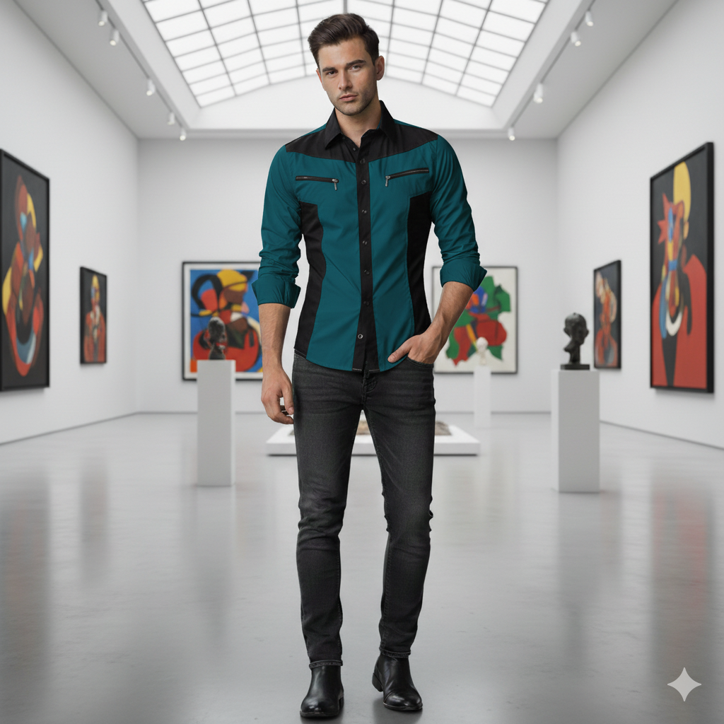 Camisa Manga Larga De Lujo Cremallera Verde Petroleo