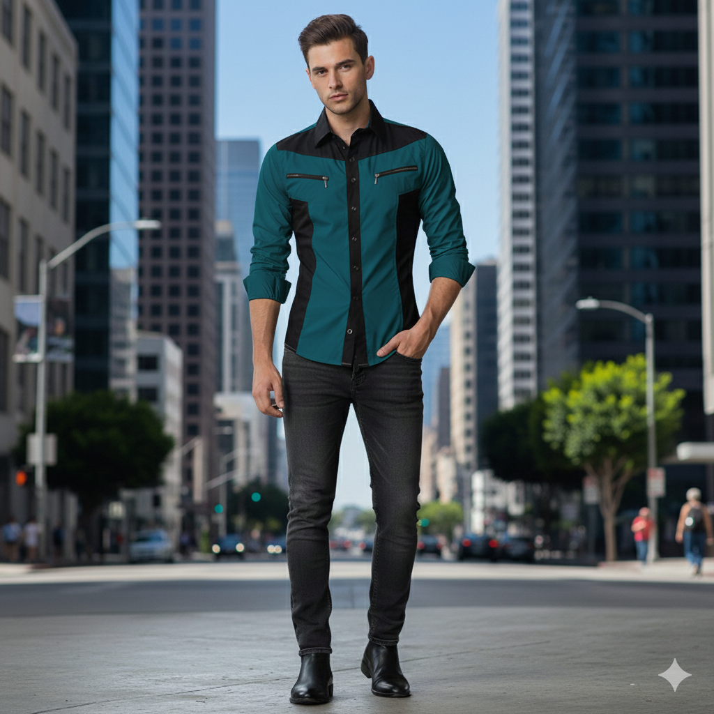 Camisa Manga Larga De Lujo Cremallera Verde Petroleo