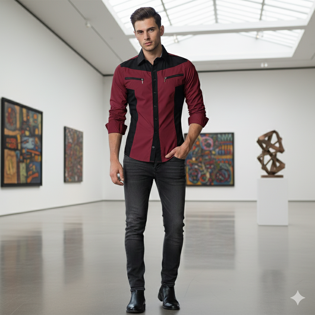 Camisa Manga Larga De Lujo Cremallera Vinotinto