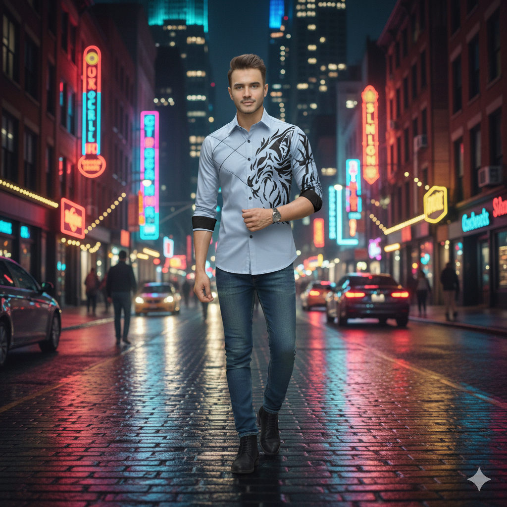 Camisa Manga Larga Hombre Estampado Dragon Azul Claro