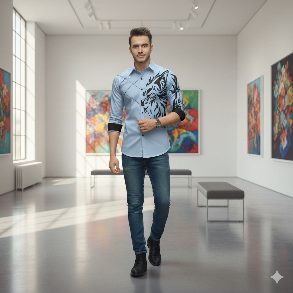 Camisa Manga Larga Hombre Estampado Dragon Azul Claro