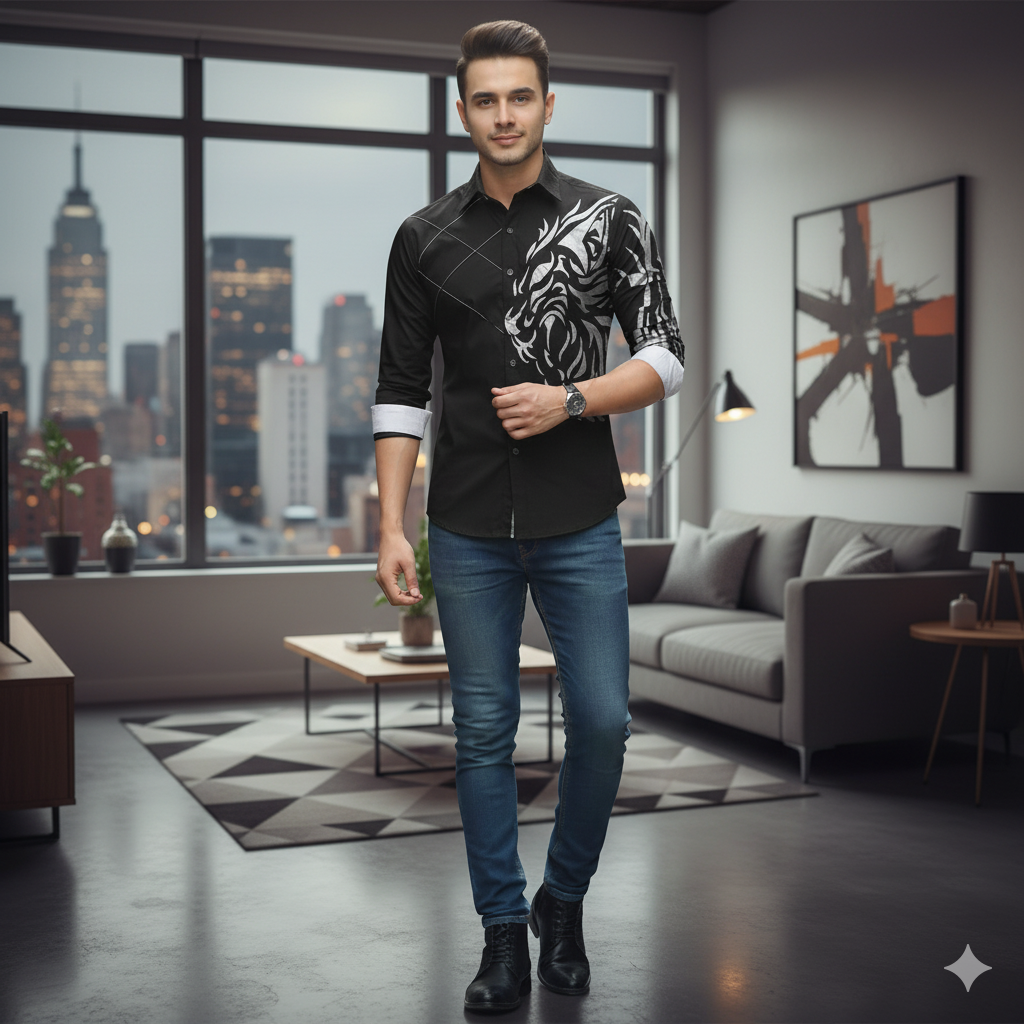 Camisa Manga Larga Hombre Estampado Dragon Azul Oscuro