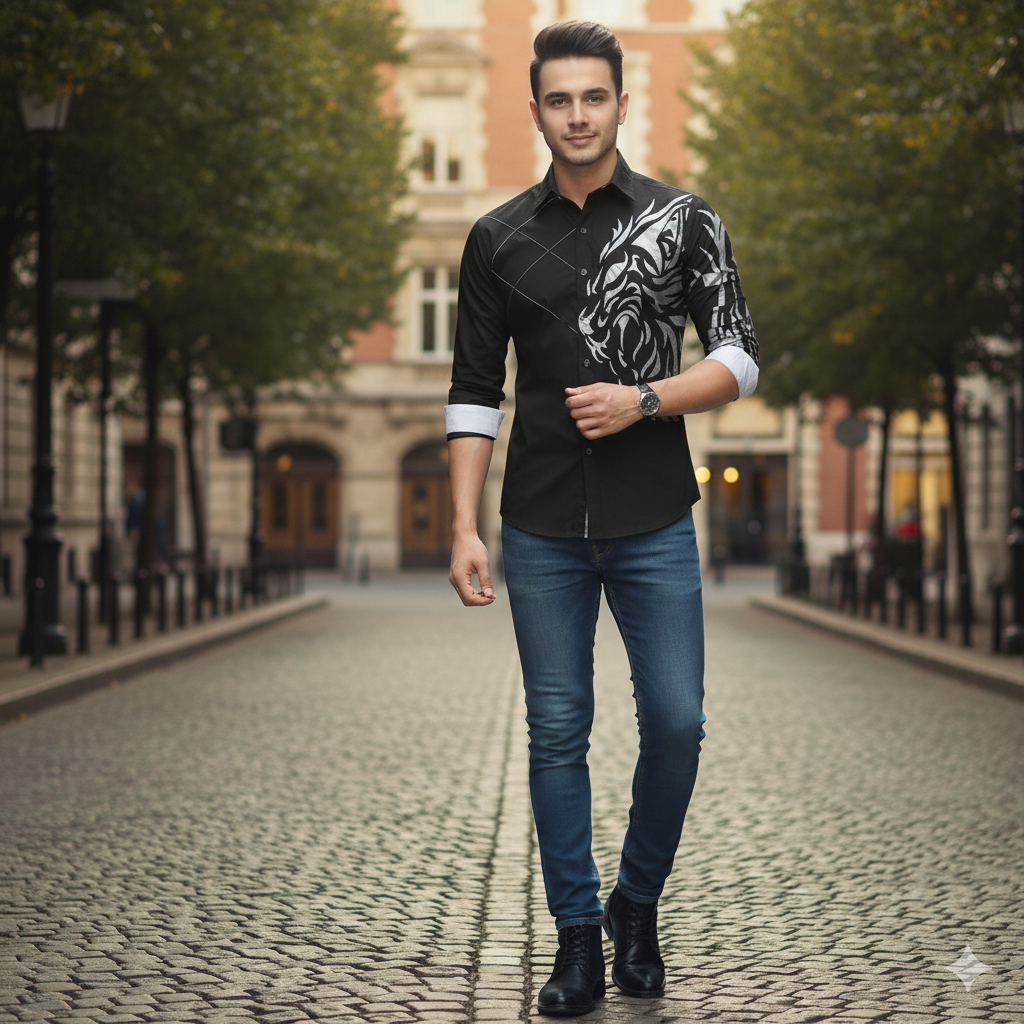 Camisa Manga Larga Hombre Estampado Dragon Azul Oscuro