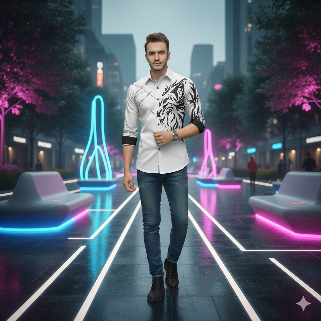 Camisa Manga Larga Hombre Estampado Dragon Blanco