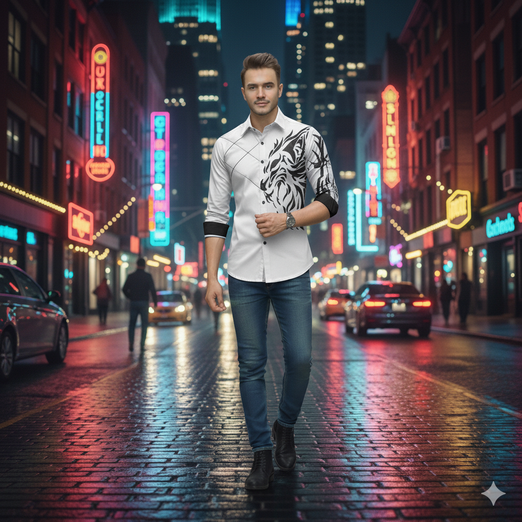 Camisa Manga Larga Hombre Estampado Dragon Blanco