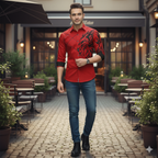 Camisa Manga Larga Hombre Estampado Dragon Rojo