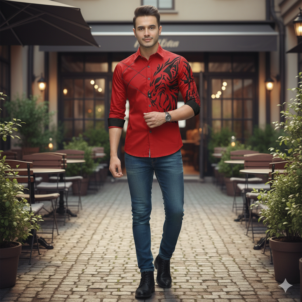 Camisa Manga Larga Hombre Estampado Dragon Rojo