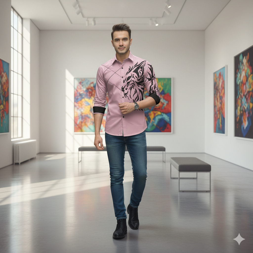 Camisa Manga Larga Hombre Estampado Dragon Rosado