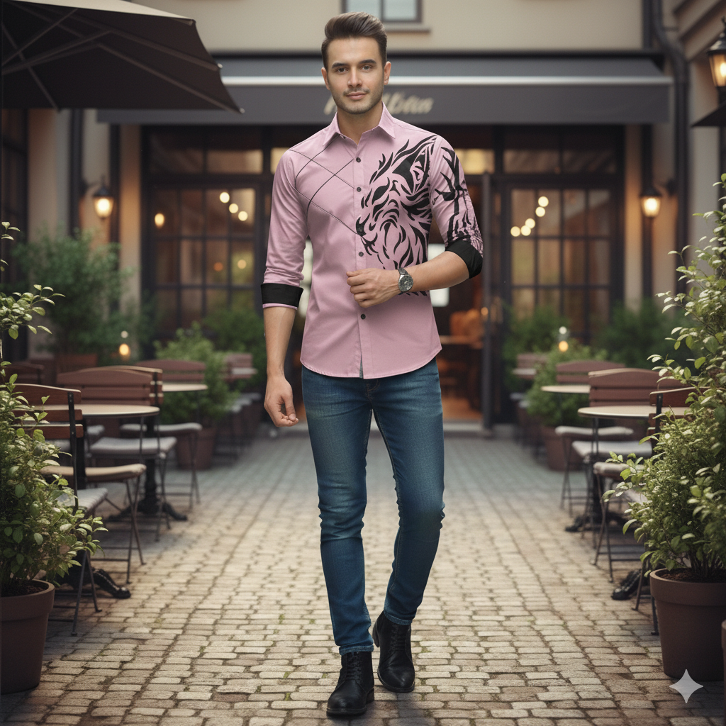 Camisa Manga Larga Hombre Estampado Dragon Rosado