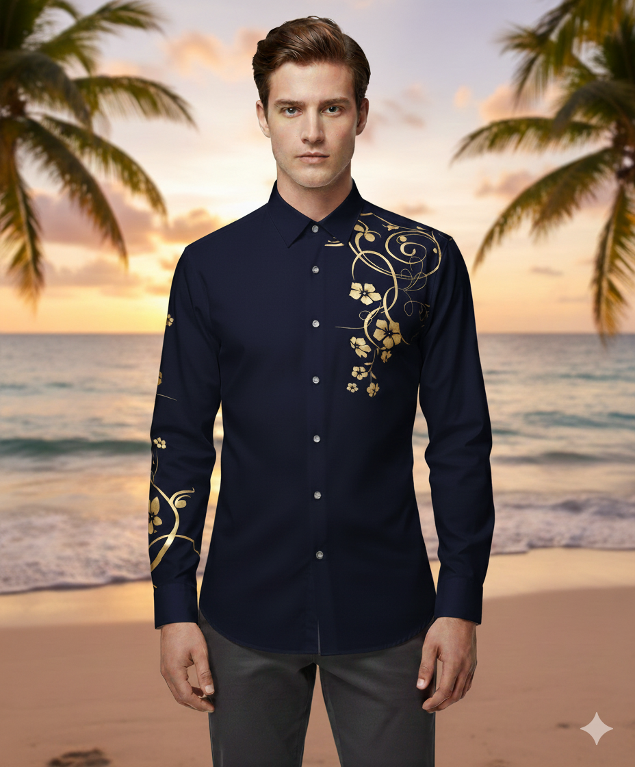 Camisa Flor para Hombre Azul Oscuro