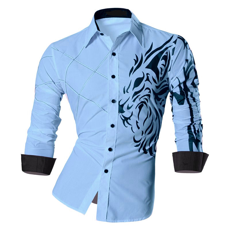 Camisa Manga Larga Hombre Estampado Dragon Azul Claro