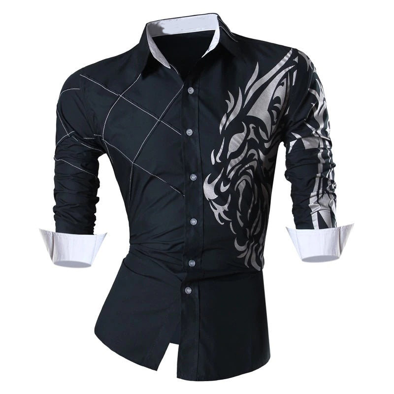 Camisa Manga Larga Hombre Estampado Dragon Azul Oscuro