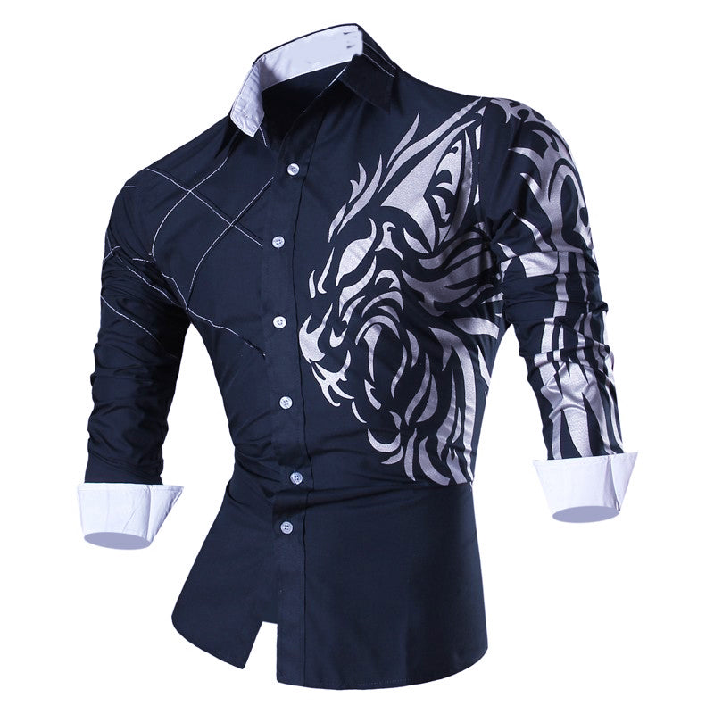 Camisa Manga Larga Hombre Estampado Dragon Azul Oscuro