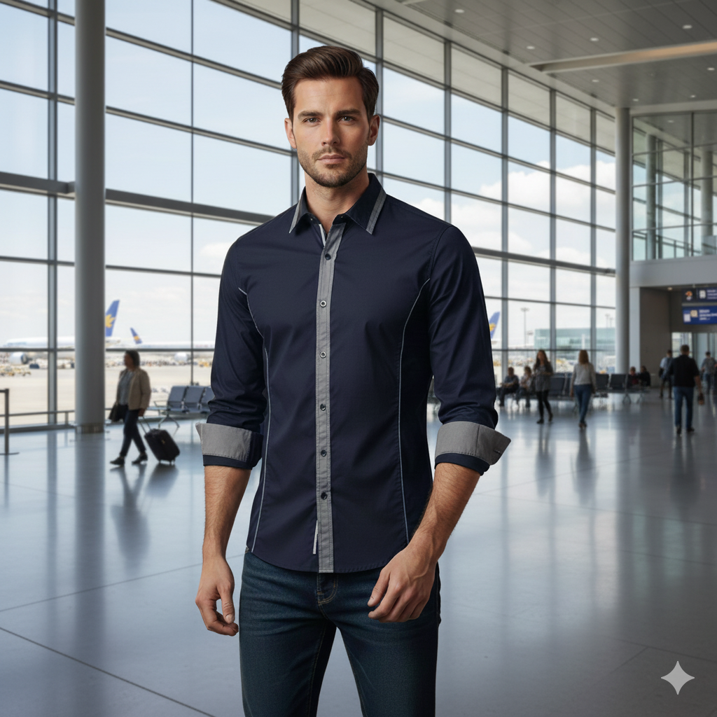 Camisa Manga Larga Hombre Ray Azul Oscuro