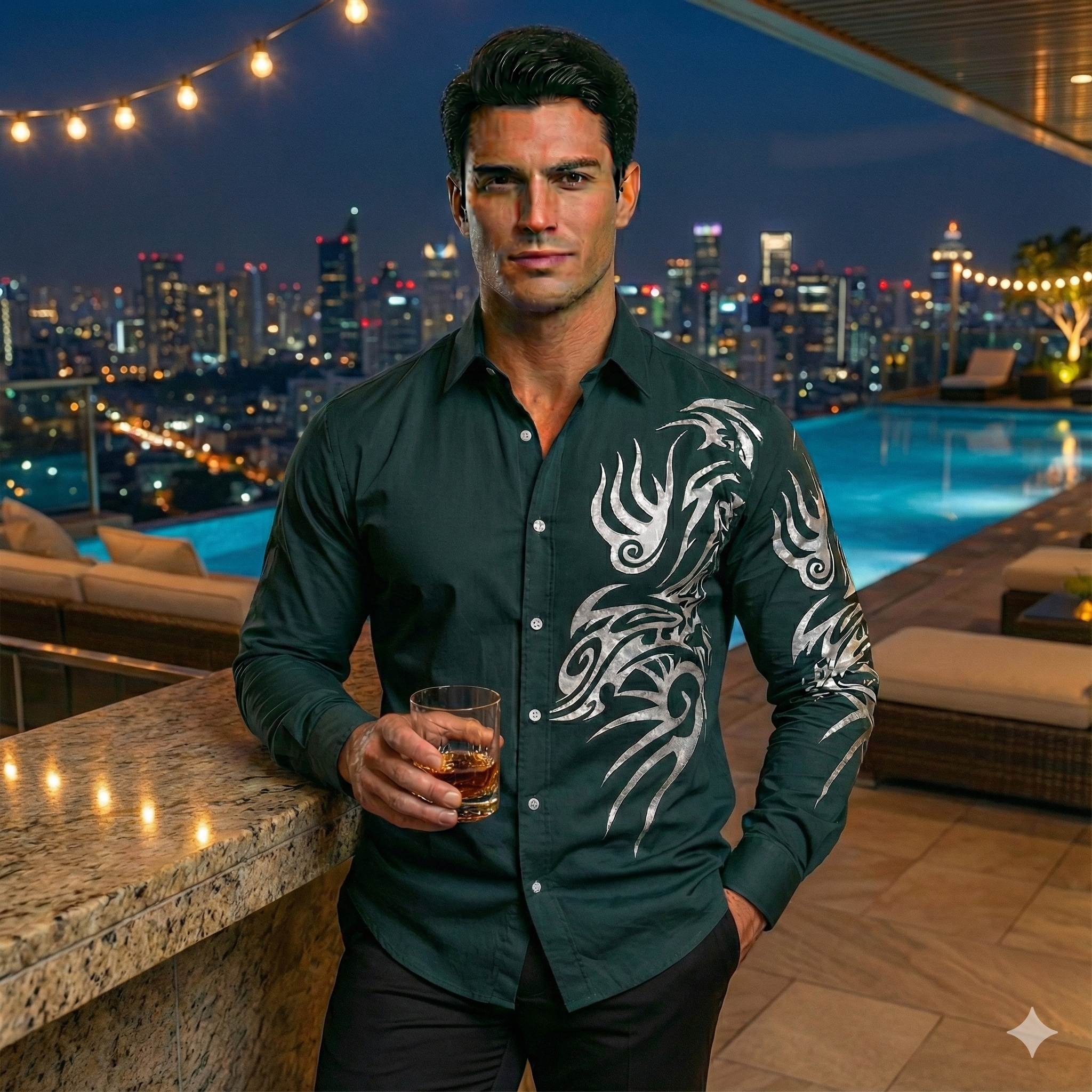 Camisa Manga Larga Estampado Tribal Sc Verde Oscuro